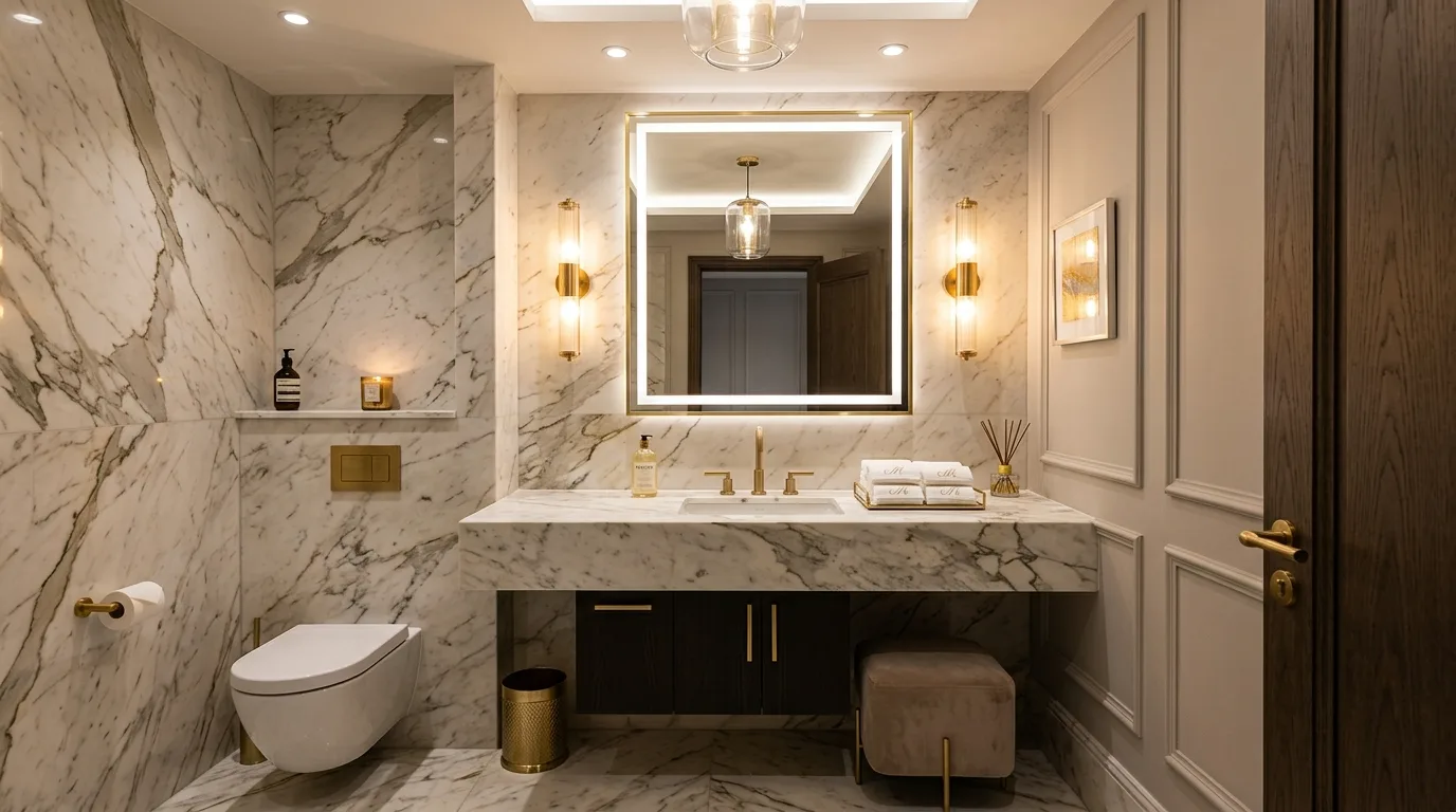 Add art only where it supports the room character inspiration for a powder room.